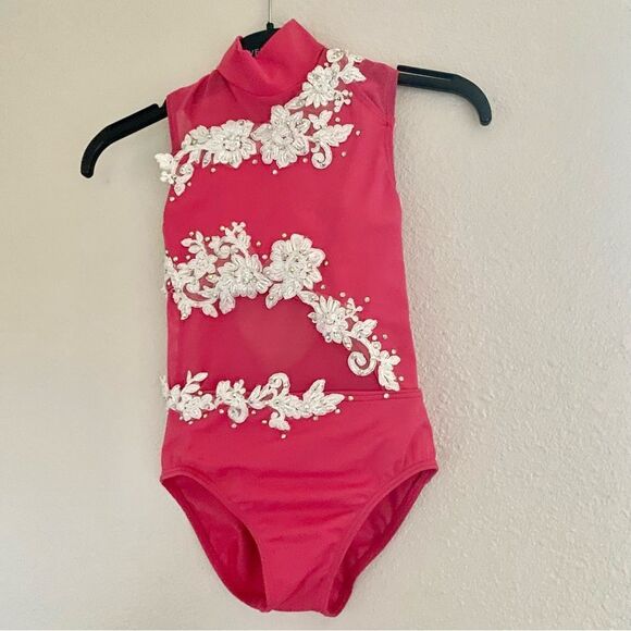 WEISSMAN Dance Costume solo custom coral hot pink custom Leotard MT11612 IC 7/8 - Picture 4 of 11